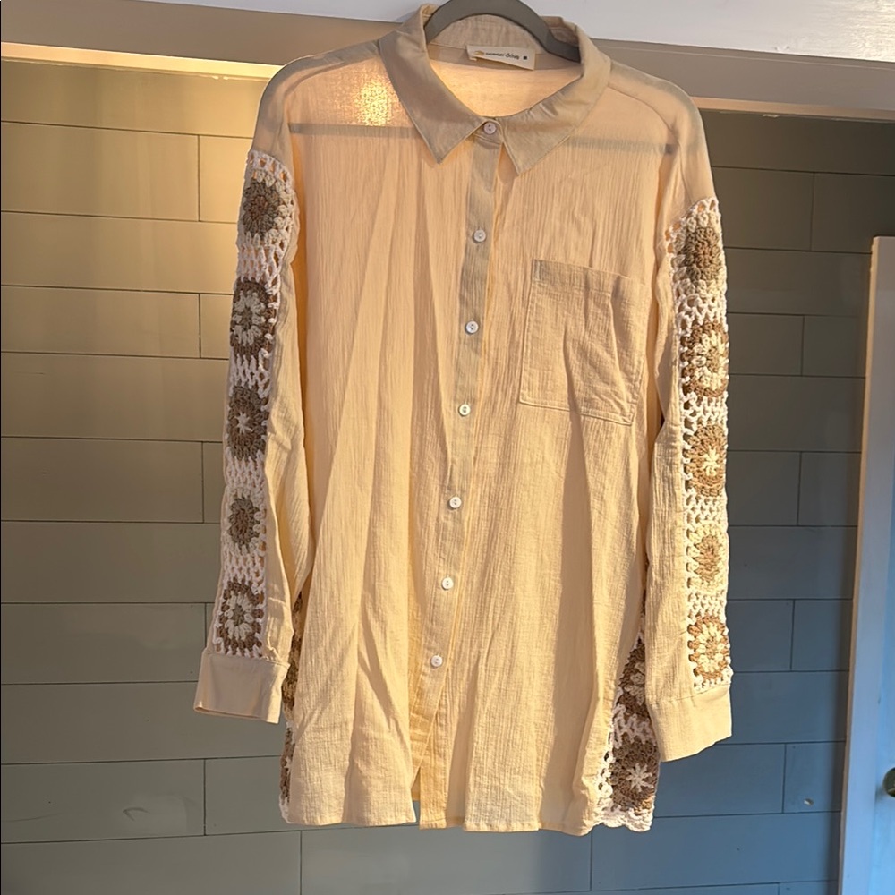 NWT Cream Button-Up Shirt with Crochet Sleeves